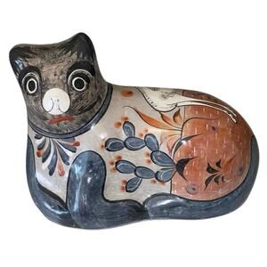 Vtg Large Mexican Tonala Side Loafing Cat W/Deer Hand Painted Pottery 11x8.5